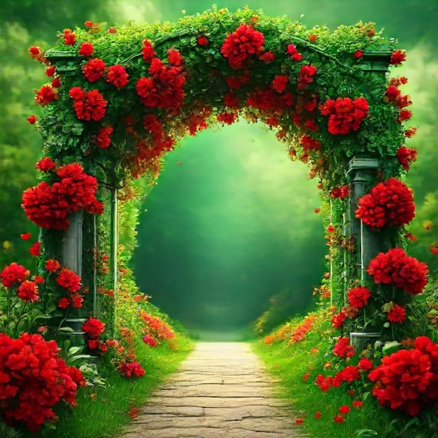 a tunnel with roses and a green background with a green background