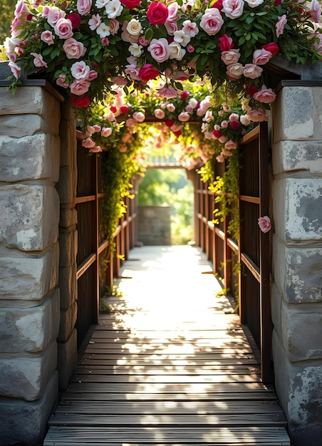 Photo a tunnel with roses on it and a wooden walkway