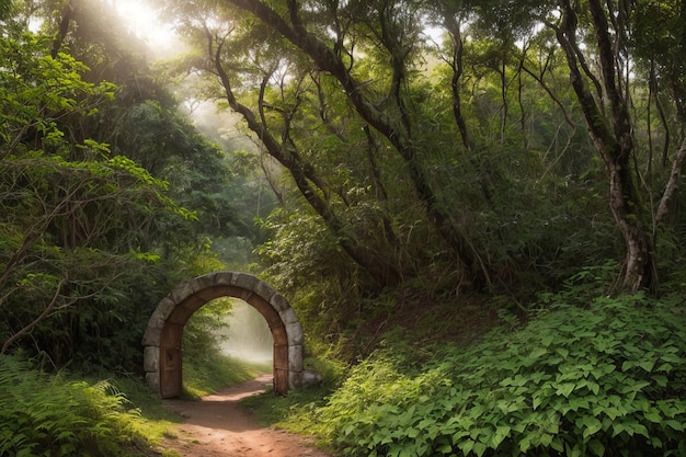 a tunnel with a tree on the right and a sign that says quot the word quot on it