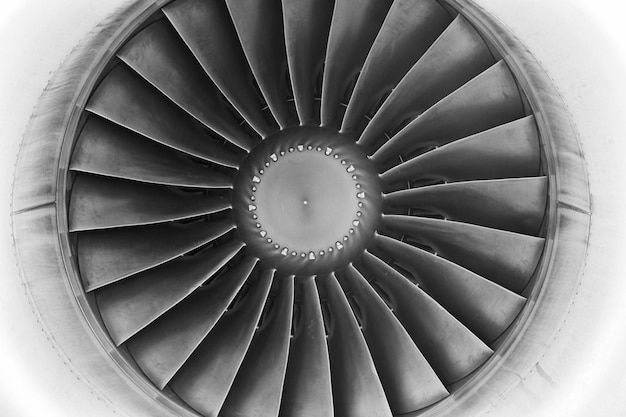 Turbine of a passenger aircraft with blades closeup