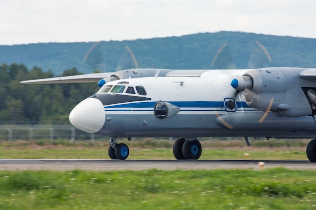 Turboprop aircraft heading on the runway