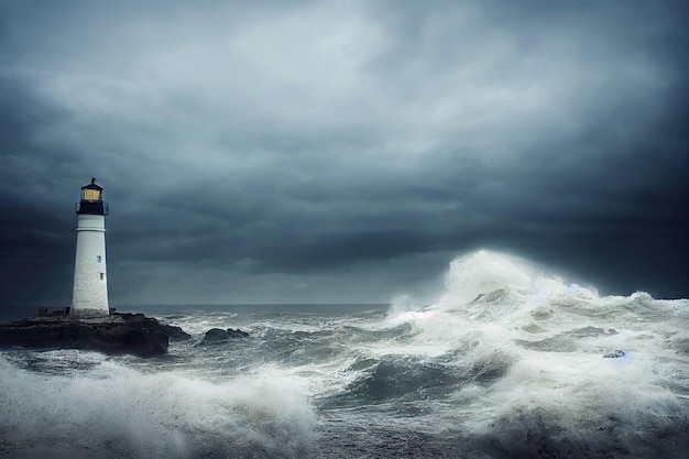 Turbulent sea waves sweeping shore with lonely lighthouses