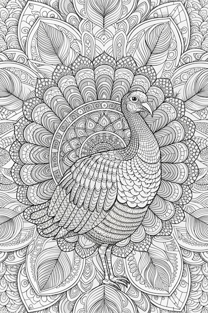 Turkey Animal Mandala Coloring Page for Adults Clean Line Art with Mandala Background