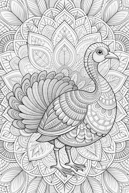 Turkey Animal Mandala Coloring Page for Adults Clean Line Art with Mandala Background