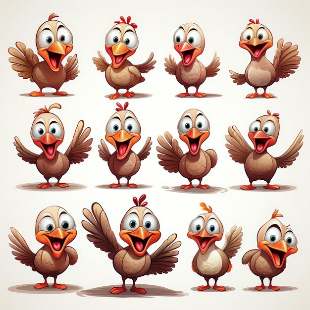 Turkey Cartoon Character 9 Facial Expressions