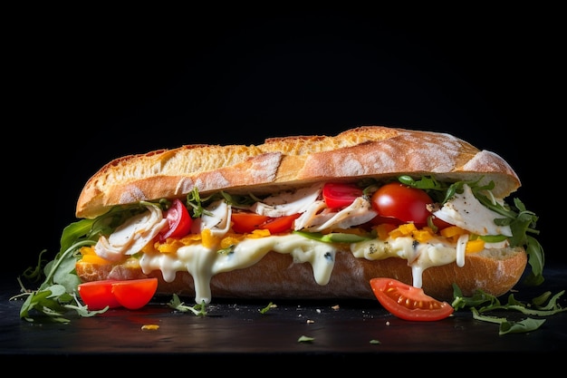 A turkey and cheese sandwich on a crusty baguette