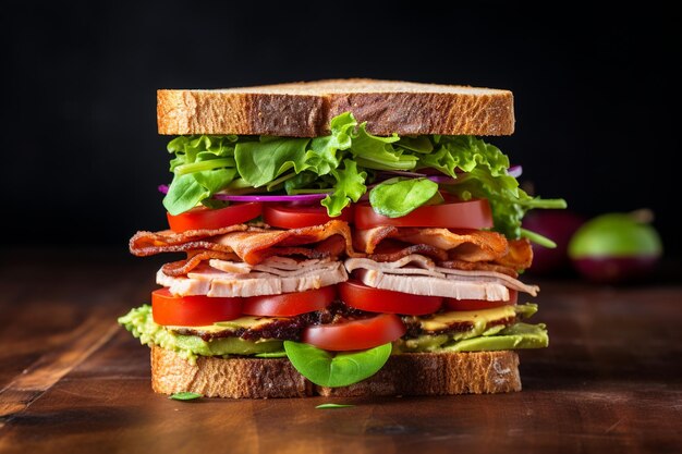 A turkey club sandwich with layers of bacon and avocado