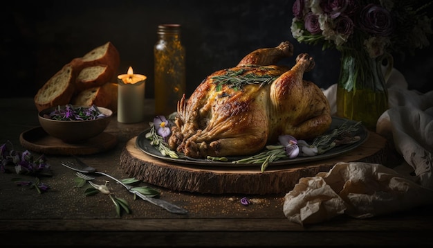 A turkey on a cutting board with a candle behind it