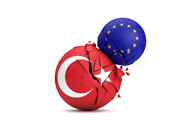 Turkey and European Union political balls smash together 3D Render