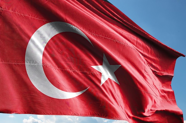 Turkey flag waving in the blue sky with clouds 3D illustration.