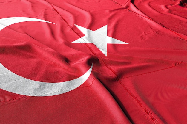 Turkey flag waving in the blue sky with clouds 3D illustration.