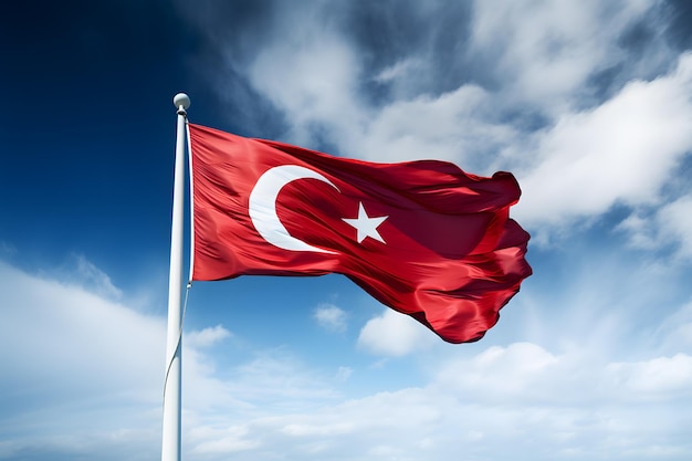 A Turkey flag waving in the wind on the blue sky background