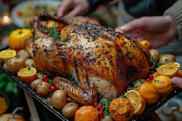 a turkey is being prepared on a tray with lemons and herbs