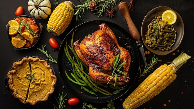 a turkey is on a black plate with corn and vegetables