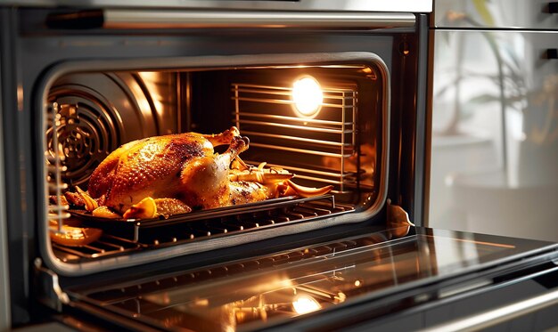 Photo a turkey is cooking in an oven with a light on the top