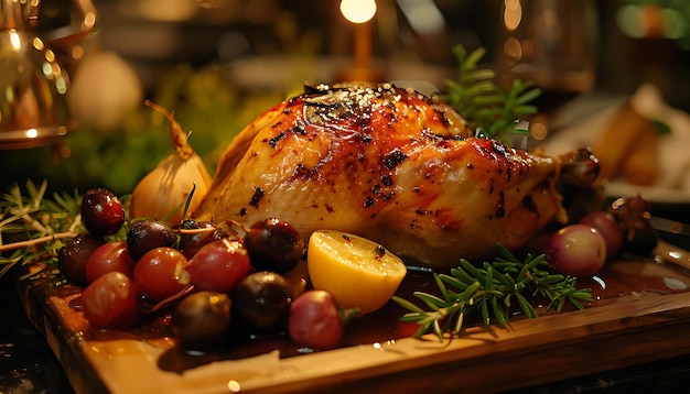 a turkey is on a plate with a lemon and berries