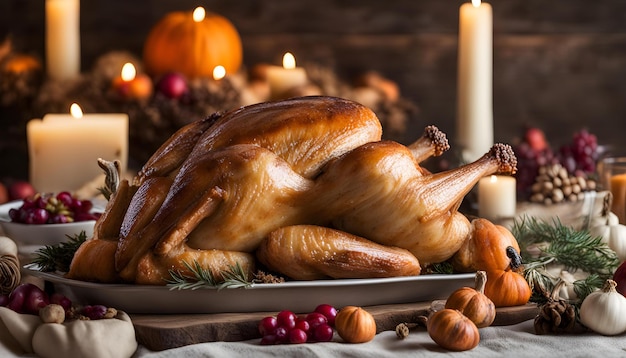 a turkey is on a platter with a candle in the background