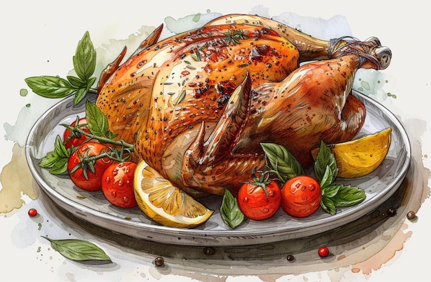 a turkey is on a platter with lemons and tomatoes