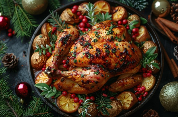 a turkey is served in a pan with a christmas decoration on the table