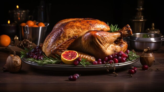 a turkey is served on a platter with berries and oranges