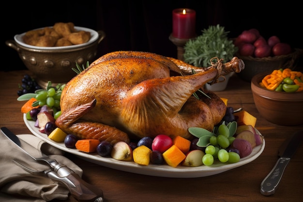 A turkey is served on a platter with cranberries and lemons.