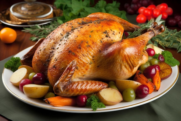 A turkey is served on a platter with fruit and vegetables.