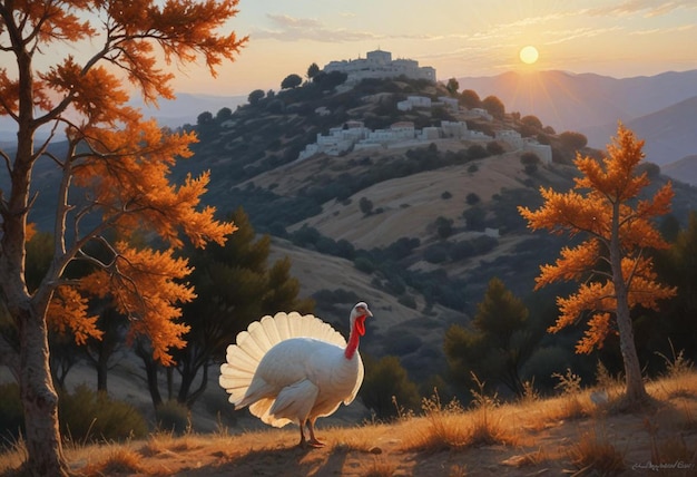 Photo a turkey is standing in a field with a mountain in the background