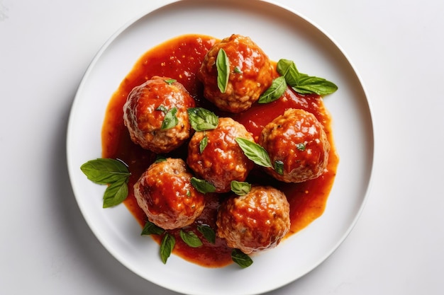 Turkey Meatballs With Marinara Sauce On White Plate Generative AI