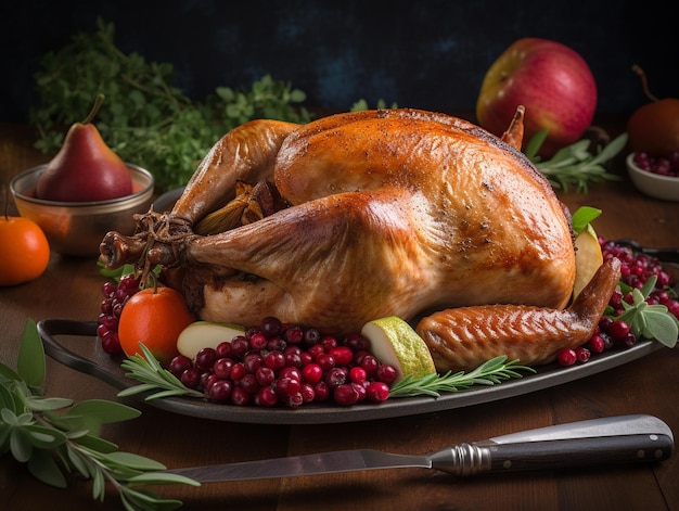 A turkey on a platter with vegetables and fruit