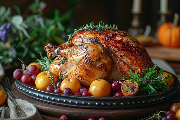 a turkey sits in a bowl of fruit and berries