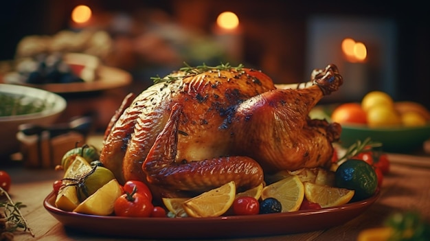 A turkey sits on a platter of food with fruits and vegetables.