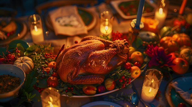 Photo a turkey sits on a platter with a candle in the background