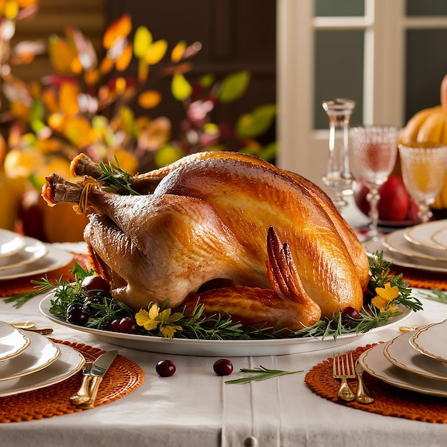 a turkey sits on a platter with a plate of food and a glass of wine