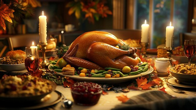 a turkey sits on a platter with a turkey on the table