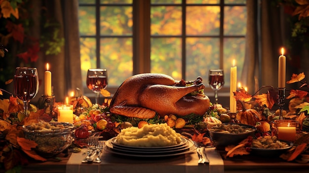 a turkey sits on a table with a candle in the background