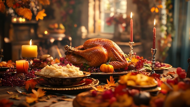 a turkey sits on a table with a candle in the background