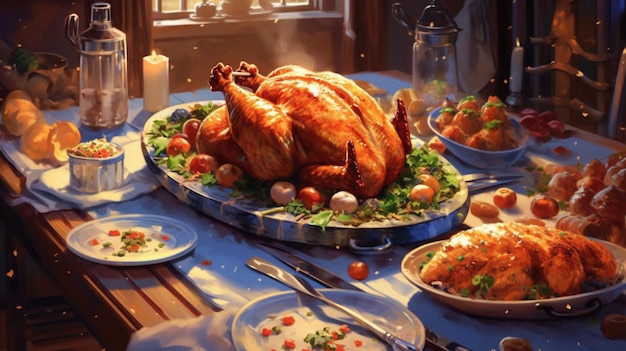 A turkey sits on a table with other dishes.