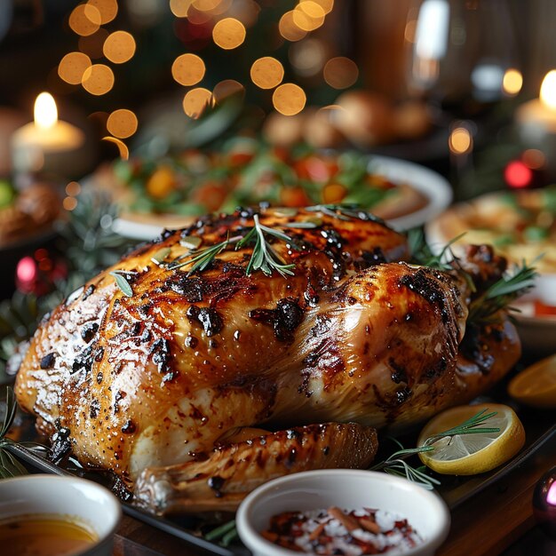 a turkey sits on a tray with a candle in the background