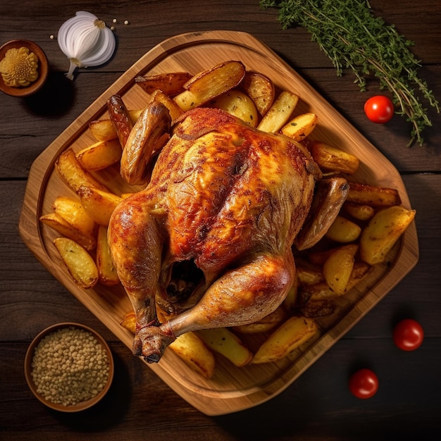 A turkey sits on a tray with potatoes and tomatoes.