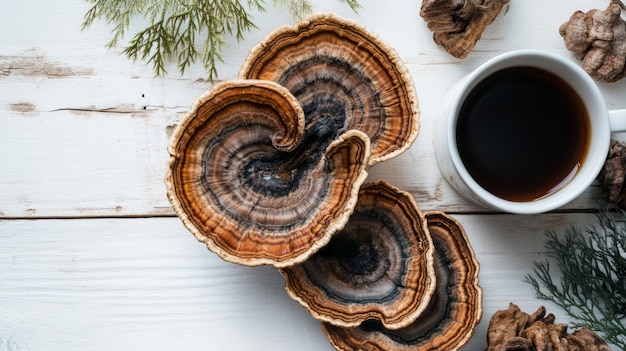 Photo turkey tail mushroom superfood coffee on white wooden table