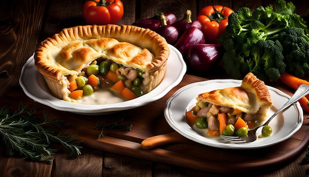 Photo turkey and vegetable pot pie with flaky crust