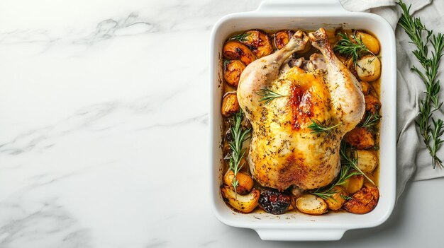 Photo a turkey in a white container with potatoes and herbs