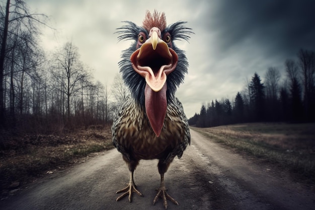 A turkey with a big beak is on a road.