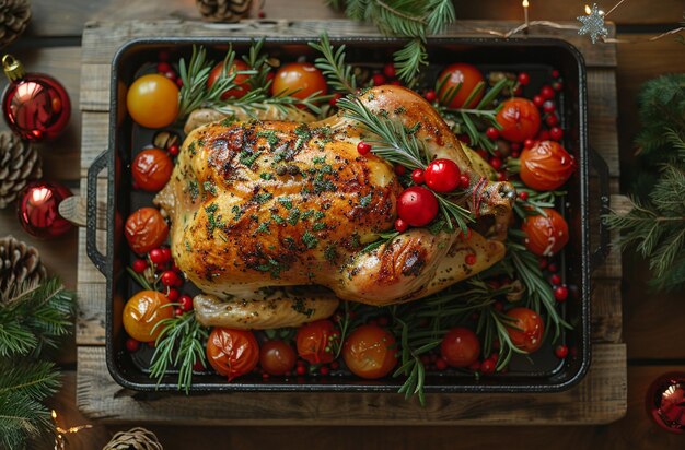 a turkey with a bunch of tomatoes and a candle in the middle