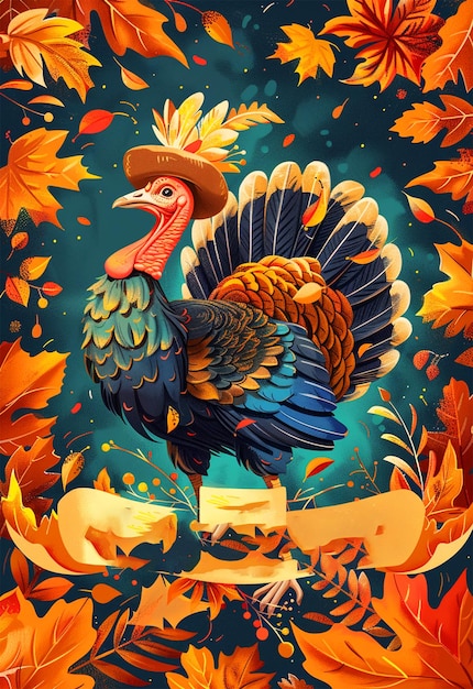 a turkey with a hat on it is surrounded by autumn leaves