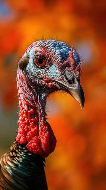 a turkey with a red head and a blue and red body