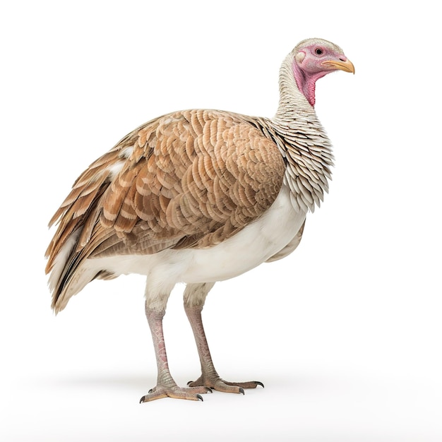 A turkey with a red head and a white belly is standing in front of a white background.