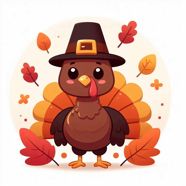 a turkey with a turkey hat and autumn leaves