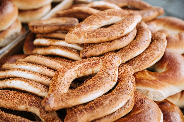 Turkish bagel - traditional circular bread simit with sesame seeds