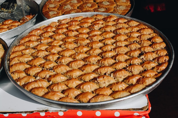 Turkish baklava dessert in tray on display